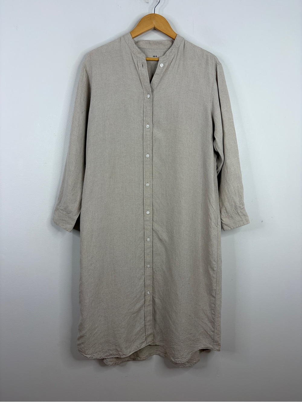 Muji Shirt Dress Women XS Small Beige Linen Long Sleeve Midi Oversize Loose Fit